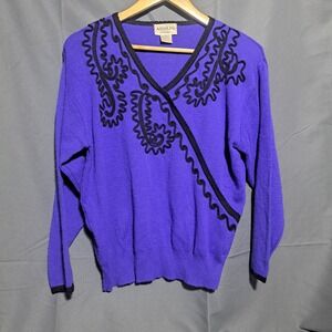 Adolfo Women's LARGE Blue Long Sleeve V Neck Sweater Embroidery Lambs Wool Blend